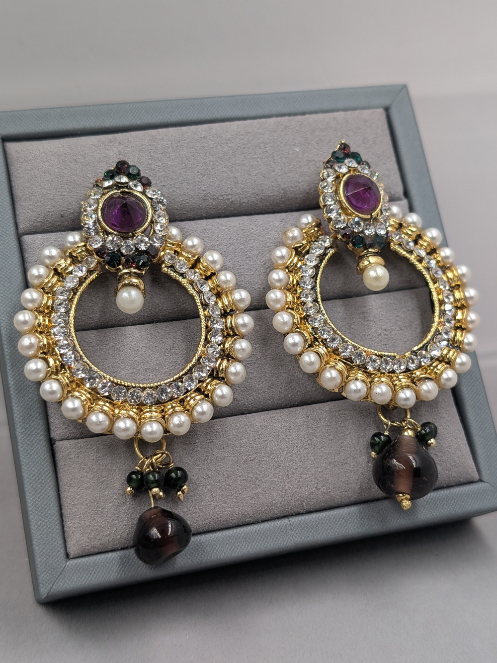 Indian Style Chandbali Statement Earrings Pearl Rhinestone Purple Green | 1119